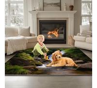 Forest Green Washable Area Rug for Living Room 80 x 150 cm, Natural Waterfall Soft Touch Short Pile Style Carpet Area Rugs Non Shedding Short Pile Floor Carpet for Bedroom Dining Room