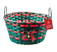 Forest Green with Red Detail Christmas Wicker Basket with Handles & Bell 30cm - Hand-Woven Bamboo Festive Storage Basket, Gift Hamper & Decorative Xmas Display