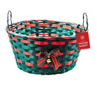 Forest Green with Red Detail Christmas Wicker Basket with Handles & Bell 30cm - Hand-Woven Bamboo Festive Storage Basket, Gift Hamper & Decorative Xmas Display