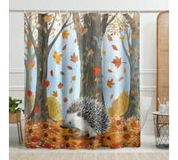 Forest Hedgehog Shower Curtain, Autumn Pattern with Tree and Leaf Elements for Fall Season Modern Rustic Bathroom Decor Waterproof Fabric Shower Curtain Set with Hooks 72x72 Inch