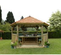 Forest Hexagonal Cedar Roof Gazebo with Table, Benches & Green Cushions 4.7m Treated Timber (Installed)