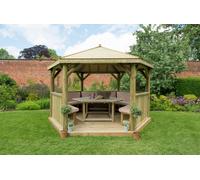 Forest Garden 4m Hexagonal Wooden Garden Gazebo with Timber Roof - Furnished with Table, Benches and Cushions (Cream)