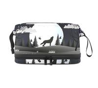 Forest Howing Wolf Toward Full Moon Double Layer Cosmetic Bag for Women and Girls, Travel Toiletry Bag Makeup Handy Pouch Organiser Bag with Brush Compartment