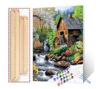 Forest Hut Surrounded by Flowers and Trees Waterfall Paint by Number On Canvas with Brushes Acrylic Paints Perfect for Paint by Numbers for Adults and Kids Students Beginner with DIY frame 16x20 Inch