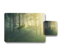 forest in the morning in a fog in the sun trees in a haze of light glowing fog among the trees placemat coaster set Benjamin Tate Design Natural One Size