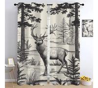 Forest Insulated Blackout Curtains, Black And White Deer Bedroom Curtains, Wild Animals Drapes for Kids Nursery, Woodland Illustration Living Room Printed Noise Reducing W 96 x L 183cm 2 Panels