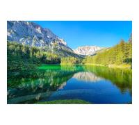 Forest Lake Backdrop Splendid Summer Mountain Woodland Landscape Photography Background Sunny Blue Sky Tranquil Scenic Lake Reflections Backdrop for Hiking Travel Vacation Background Props 7x5ft