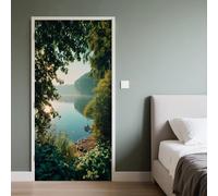 Forest Lake Door Stickers 95x215 cm 3D Lake Scenery Door Murals Stickers Peel and Stick Sunset View Door Decals PVC Waterproof Removable Door Wall Poster for Home Decor