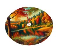Forest-Lake-In-Autumn Plush Christmas Tree Skirt, Soft Flannel Christmas Tree Decoration With Red String Ties, Easy To Install Holiday Ornament For Xmas