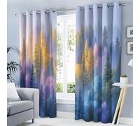 Forest Landscape Curtains, Mist Pine Trees 3D Print Pattern Eyelet Thermal Insulated Room Darkening Blackout Window Drapes, for Bedroom Kids Nursery 2 Panels W 66" x L 54", Colorful