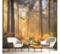 Forest Landscape Silk Cloth 3D Photo Wallpaper Mural, Sunlight Woodland Plants Wallcoverings, 350x256cm (WxH) Indoor Orange Colorgul Wall Painting for Bedroom Living Room TV Backdrop Home Decoration