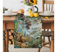 Forest Landscape Table Runner 13x36 Inches Long Tropical Elephants Lions Birds Giraffe Monkey Lotus Cotton Linen Table Runner Burlap Style for Dinner Table Party Decor Tabletop Decorations