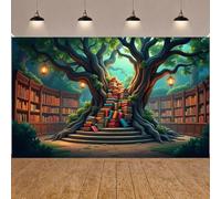 Forest Library Banner Decor Tree Bookshelf Book Party Decorations Backdrop Vintage Fairytale Tree Photo Booth Props Background Photography for Bedroom Living Room Dorm Classroom Supplies,70x43in