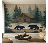 Forest Lodge Cabin Wallpaper for Living Room & Bedroom & Hallway, Non-Woven Rustic Farmhouse Bear Mural Wallpaper, Wall Mural Wall Decoration 500 x 350 cm (WxH) K-MZ&9