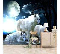 Forest Moon White Animals Wolf Modern 3D Wallpaper Premium Textured Silk Neutral Tones Material Ideal for Living Room Bedroom-350cm×256cm