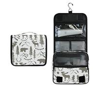 Forest Moose Bear Mountain Trees Wild Nature Retro Grey Style Travel Cosmetic Bag, Hanging Toiletry Wash bag, Portable Makeup Organizer Brush Case, Storage Bag with Hook for Bathroom Toilet