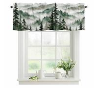 Forest Mountain Valances for Windows, Misty Watercolor Green Trees Mountains Cloud Rod Pocket Valance Short Window Treatments Curtains for Kitchen Bathroom Bedroom Decor, 60 x 18 Inches