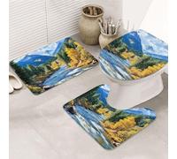 Forest Mountain View, Green Pine Print 3 Piece Bathroom Rugs Set, Bath Mat + Contour Mat + Toilet Seat Cover, Machine Washable Non-Slip Soft Microfiber Bathmat For Tub Shower Room Decor