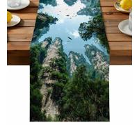 Forest Mountains Table Runner, Natural Landscape Trees Shrubs Clouds Sky Cotton and Table Linen Runner for Kitchen Dining Home Decor for Party Festival Holiday Decoration Gift 16x72in