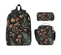 Forest Mushroom Backpack Set for Girls Boys with Lunch Bag Pencil Case Flower Floral 3 Pieces School Bags Insulated Lunchbox Gifts for Women Men