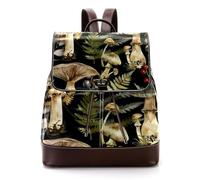 Forest Mushrooms Wild Berries Background Women Laptop Backpack, PU Leather Daypack Fashion Rucksack Travel Shoulder Bag