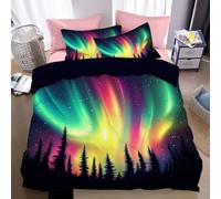 Forest Northern Lights Print Bedding Set For Adults Fantasy Art Style Duvet Cover Set Nature Lover Gift Room Decorative Duvet Cover Rainbow Colors Quilt Cover Super King 3 Pcs Bedclothes