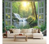 Forest Outside The Window Wallpaper Mural Natural Beauty Photo Wallpaper Forest Waterfall 3D Wall Mural 300x256cm Non-Woven Premium Art Print Decoration Poster Picture for Living Room TV Backdrop