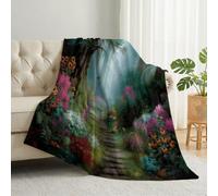 Forest Path Flowers Lightweight Cozy Throw Blanket, Pink Green Printed Soft Warm Flannel Throws, Fantasy Nature Washable Fuzzy Blanket for Bedroom Living Rooms Chair Sofa Home Decor, 150 x 200 cm