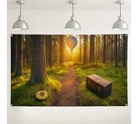 Forest Path Hot Air Balloon Backdrop, Nature Inspired Scenic Landscape Photo Background, Adventure Travel Wall Decor, Perfect for Parties, Events and Outdoor Gatherings 71x43 Inch