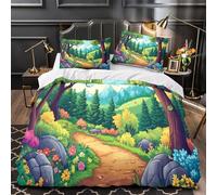 Forest Pathway 3D Digital Print Duvet Cover 3pcs Microfibre Breathable Kids Room Nature Illustration Comforter Cover 2 Matching Pillowcases Zipper Closure Bedding Kids Girls Double（200x200cm）