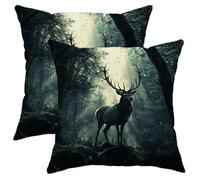 Forest Pillow Covers Set of 2, Dark Green Elk Stag Throw Pillows Case, Nature Decorative Square Rustic Decor Cushion Covers for Home Sofa Bed Couch 20x20 Inch