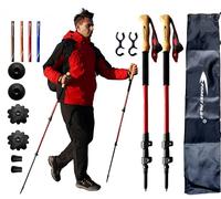 FOREST PILOT Trekking Poles - Lightweight 7075 Aluminum with Flip Lock & All Terrain Accessories - Pair of 2 Walking Sticks for Hiking with EVA or Beech Wood Grip (Beechwood Grip- Red)