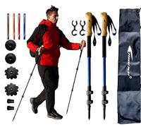 FOREST PILOT Trekking Poles - Lightweight 7075 Aluminum with Flip Lock & All Terrain Accessories - Pair of 2 Walking Sticks for Hiking with EVA or Beech Wood Grip (Beechwood Grip- Blue)