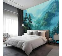 Forest Plants Kids Room Canvas Peel and Stick Wall Mural Misty Green Mountains Large Removable Self-Adhesive Wallpaper Decor for Nursery Boy Girl Bedroom 120x84 inches / 300x210 cm