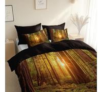 Forest Plants Sunrise Duvet Cover Cot-bed 120 x 150 cm, with 1 Pillowcases, Dark Roasted Coffee Ultrasoft Hypoallergenic Quilt Easy Care, Washable - Reversible Design For All Seasons