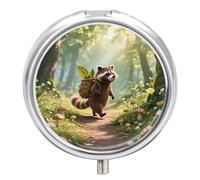 Forest Raccoon Pill Case with Mirror Retro 3 Compartment Small Pill Organizer Metal Round Pill Box Or Vitamins Fish Oil Supplements Pill Container Travel for Purse Pocket