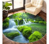 Forest Round Rug 180cm, Waterfall Circle Rugs, Natural Scenery Rug, Washable Round Carpet for Kitchen Dining Living Room Bathroom Beneath the Furniture