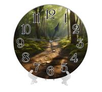 Forest Round Wall Clock Nature Misty Woodland Scenic with Wild Life Trees Leaves with Sunshine Brown Green PVC Silent Decorative Living Room Kitchen Environmental-Friendly Wall Clock 10x10 Inch