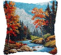 Forest Scene with Maple Trees River Mountains DIY Latch Hook Kits Pillow with Printed Canvas Cushion Crochet Yarn Embroidery Hook and Latch Kit Pillowcase Christmas Decor 43x43cm