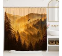 Forest Shower Curtain, Golden Sunrise Mountain Landscape Bathroom Decor, Autumn Winter Modern Minimalistic Waterproof Fabric Shower Curtain with Hooks 72x72 Inch