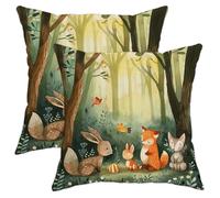 Forest Square Pillow Covers with Zipper Cute Funny Bunny Fox Bird Wild Animal Woodland Nature Kid Green Velvet Decorative Comfortable Sofa Throw Pillow Covers Pack of 2 20x20 Inch
