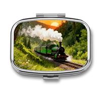 Forest Steam Car Pill Box - 2 Compartment Travel Pill Organizer with Small Mirror, Portable Pillcase for Pocket & Purse, Cute Square Medicine Case, Weekly Medicine Container