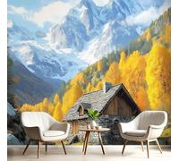 Forest Stone House Wall Mural Photo Wallpaper, Snow Peak Landscape 3D Printed Wall Mural, Yellow Blue Murals Wall Art Print for Bedroom Living Room Dining Room Home Decoration 350x256cm (WxH)