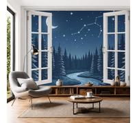 Forest Stream False Window Photo Mural Spruce Forest Constellation Night View Photo Wallpaper Wall Covering Premium Silk Art Print Wallpaper for Living Room, Bedroom, Sofa TV Background, 350x256cm