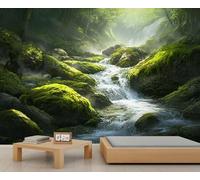Forest Stream Mural Moss Rock Wallpaper Natural Scenery Wall Mural Art Decor Photo Nursery Bedroom Panoramic Accent Wallpaper (Non-self-Adhesive)