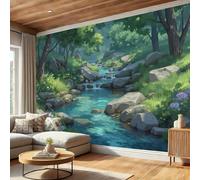 Forest Stream Wallpaper - Fresh Anime Style Wall Mural for TV and Sofa Background, Non-Woven Art Print Decoration Green Wallpaper, for Living Room Bathroom Hallway, 400 x 280 cm