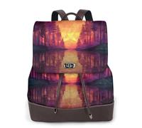 Forest Sunset Print Leather Women's Backpack Travel Bag Ladies Versatile Small Backpack Business Leisure,One Size