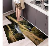 Forest Trails Kitchen Rug Set, 2 Pieces Non Slip and Anti Fatigue Forest And Field Kitchen Mat Set, Washable Floor Mat, Sage Green Standing Mats for Hallway Bedroom Entrance 40x60cm+40x120cm