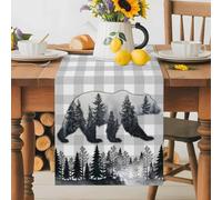 Forest Tree Bear Silhouette Table Runner 70 Inches Long,Table Runners Kitchen Dining Tables Decoration for Home Party Decor, Country Trees Animal Gray Checkered Tables Runner Wedding Dresser Scarf