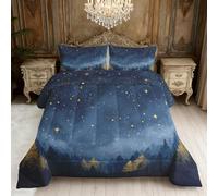 Forest Tree Coverless Duvet Double, Navy Blue and Gold Star Galaxy Reversible Comforter Set 3 Pcs, 2 Pillowcases, Bedroom Decor, 10.5 Tog Soft Lightweight Warm All Seasons BZ-USA1252